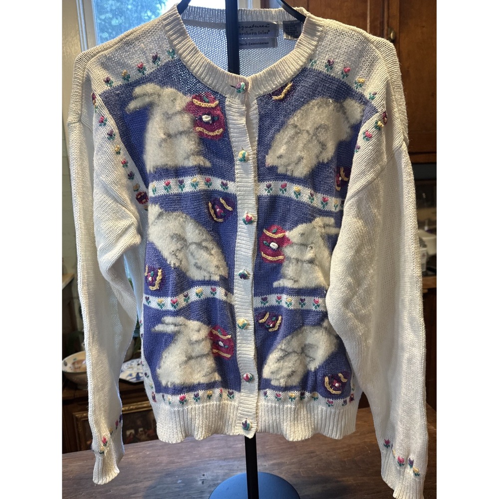 VTG 90s Signatures Northern Isles cardigan sweater Bunny Flower Eggs Happy L
